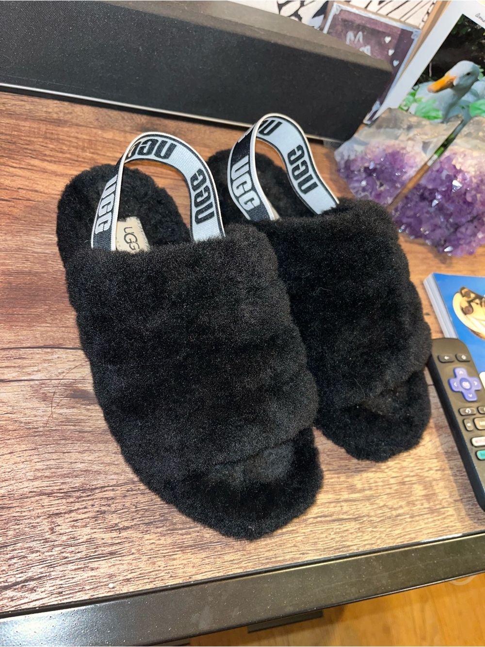 UGG Black Plush Slide Sandals with Branded Heel Strap